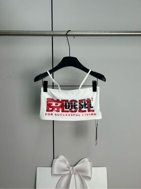 Diesel White Crop Tank with Red Logo Print